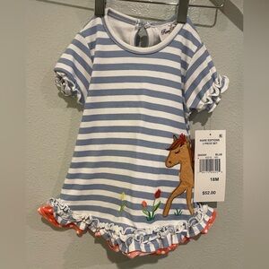 NWT Rare Editions Blue and White Striped Dress with Horse Embroidery